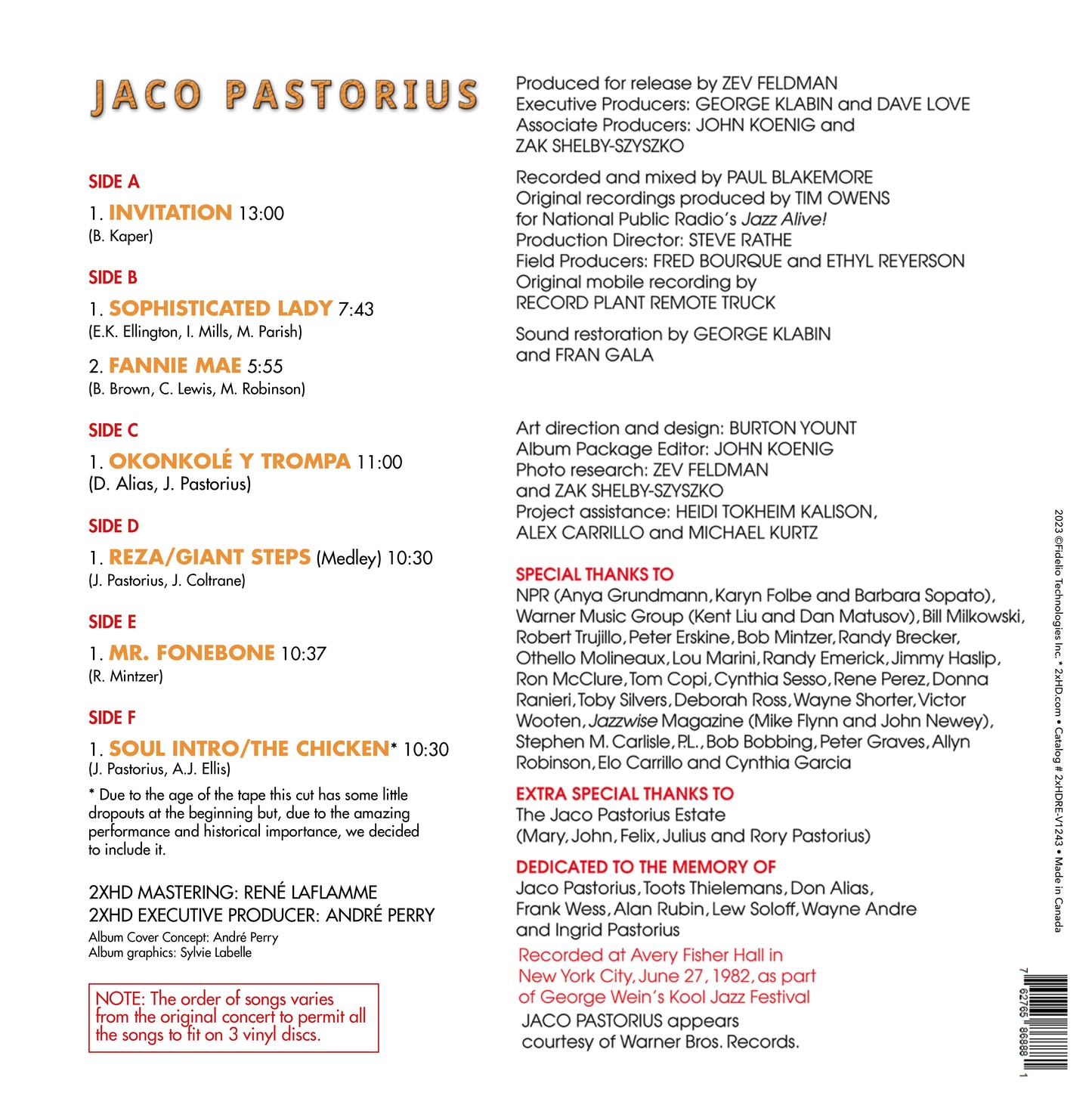 Jaco Pastorius - TRUTH, LIBERTY & SOUL, Live in NY city 1982 - 45rpm Triple-Album / Vinyl
